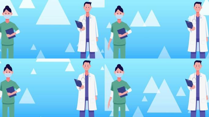 带面罩和三角形图标的两个医生的动画