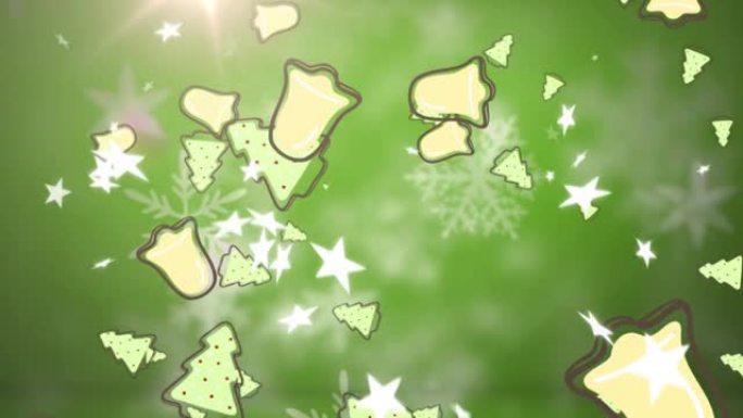 绿色背景上的多个圣诞节钟声和星星图标落在光斑上