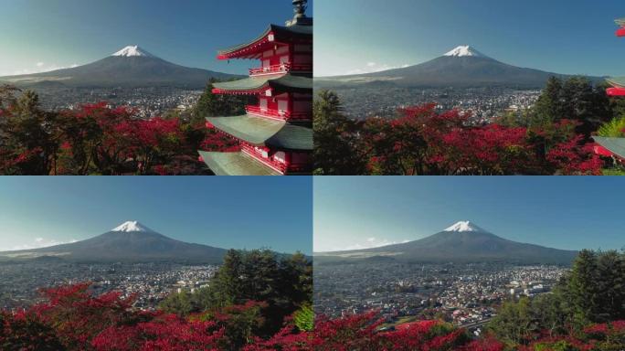 日本的秋季雪顶山富士山大景航拍