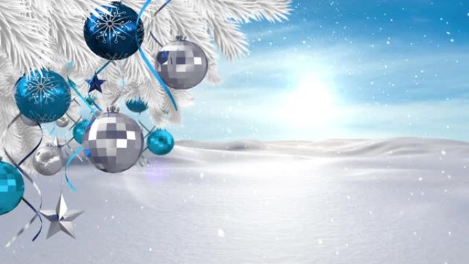 圣诞装饰品挂在圣诞树树枝上，抵御冬天飘落的雪