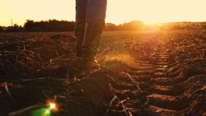 穿靴子的农民穿过田野。特写。穿着农靴的腿。刚耕的农田。日落时。背光。底视图