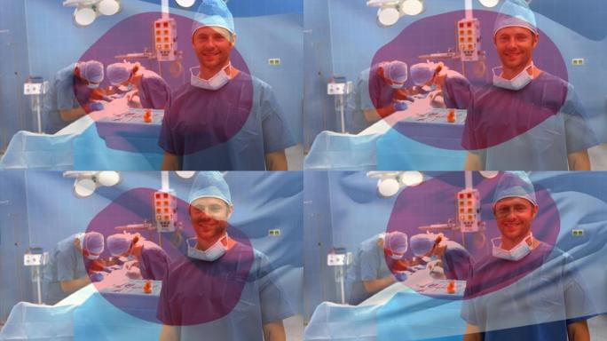 在手术室挥舞着外科医生的日本国旗动画