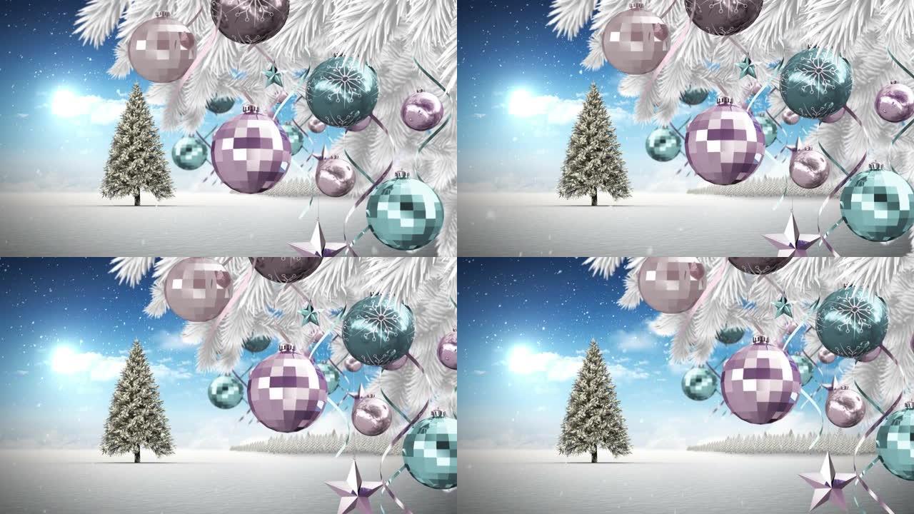 圣诞小摆设和星星装饰挂在圣诞树上，冬天的风景在蓝天下