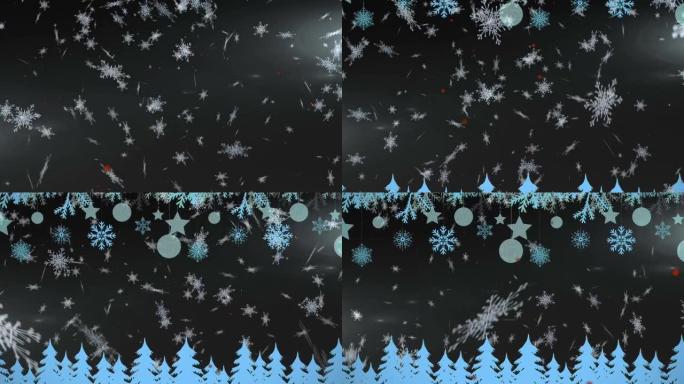 蓝色背景上的圣诞节风景飘落的雪花动画