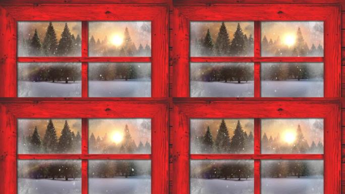 红色木制窗框抵御冬季景观上多棵树木上的积雪