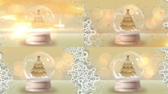 在明亮的背景上有圣诞树的雪球上流星的动画