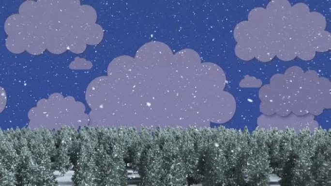 雪落在冬季景观上的多棵树上，蓝色背景上的云彩图标