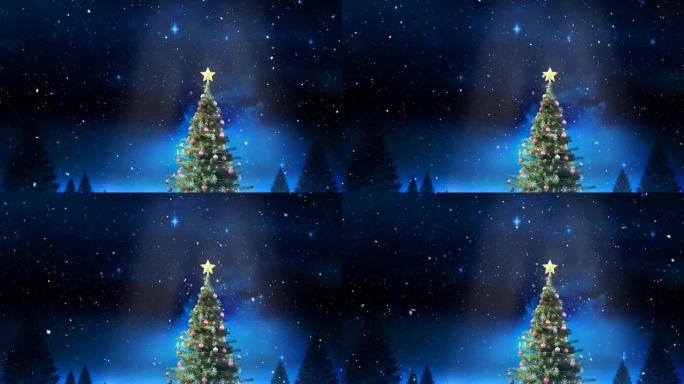 雪花落在圣诞树上的动画和蓝天上发光的星星