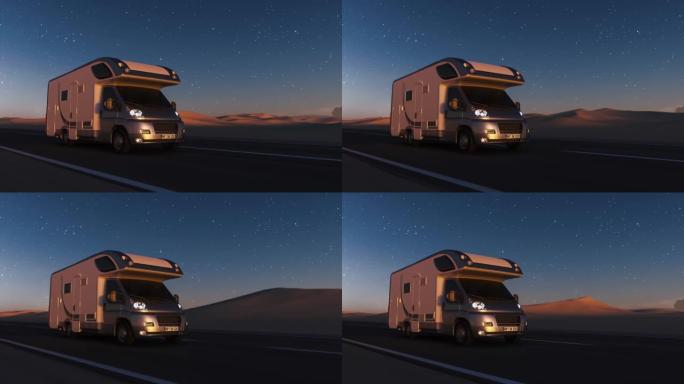 汽车在晚上沿着沙漠行驶。三维可视化