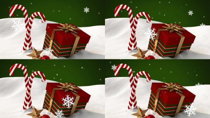 圣诞节糖果上飘着雪并出现在绿色背景上的动画