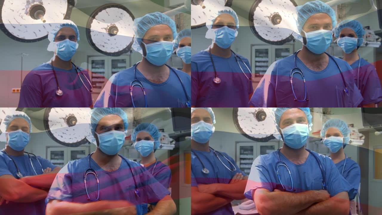 俄罗斯国旗在手术室中挥舞着外科医生的动画