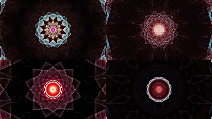 美丽的五彩深色催眠花曼陀罗序列图案环。4k抽象运动图形背景，标题，介绍，瑜伽，俱乐部，表演，曼陀罗，