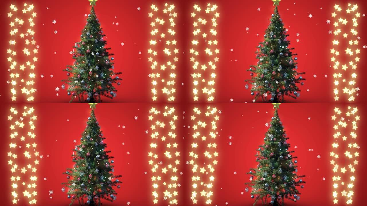 圣诞树上飘落的雪花和圣诞灯的动画