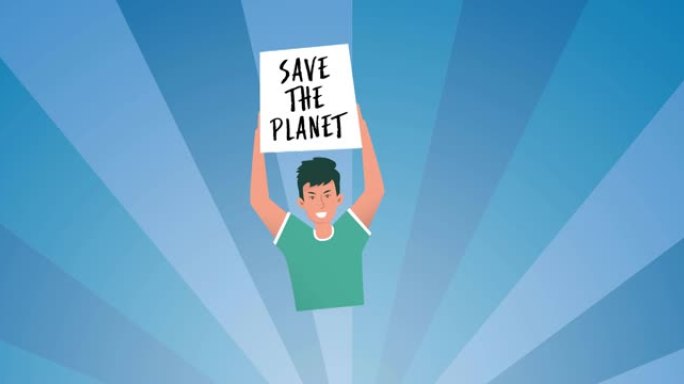 男子在蓝色条纹背景上举着的标语牌上的拯救星球文本的动画