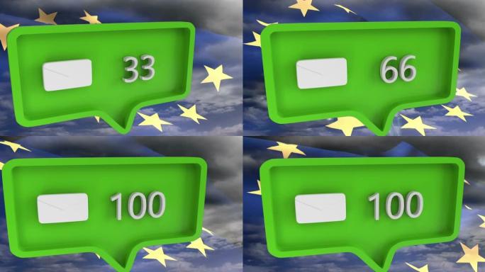 带有欧盟国旗的语音气泡上数字的消息图标动画