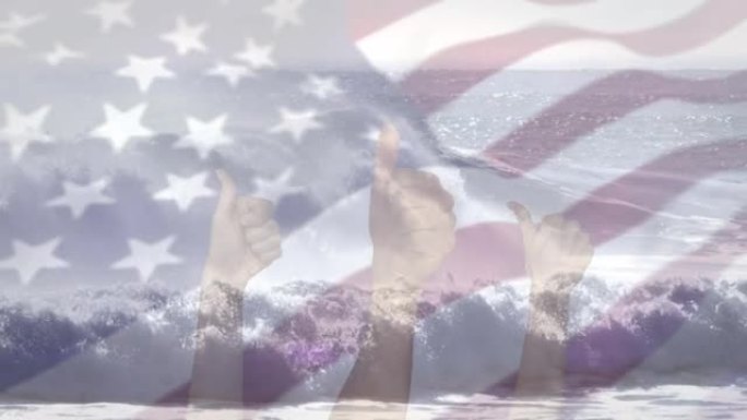 在双手上挥舞美国国旗的数字构图，在大海中竖起大拇指