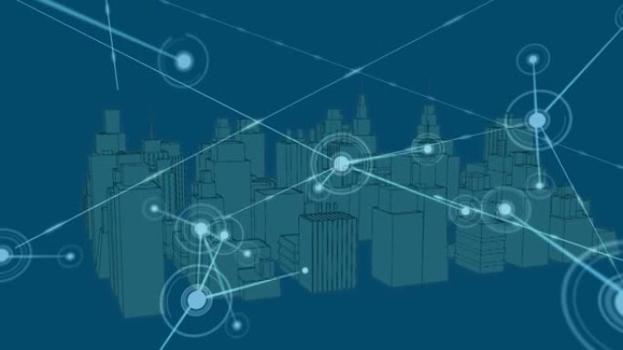 蓝色背景上的城市连接网络和数据处理动画