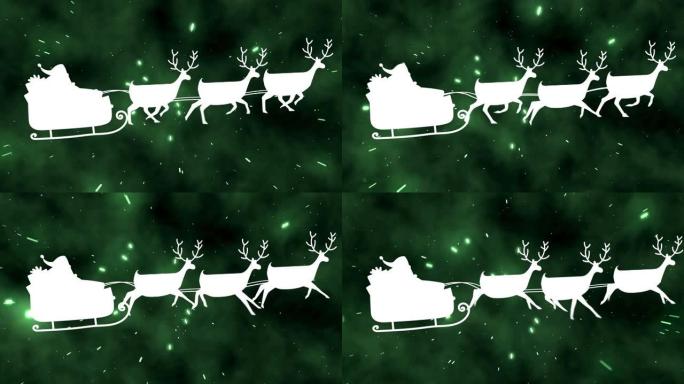 绿色背景上的驯鹿雪橇中的圣诞老人动画
