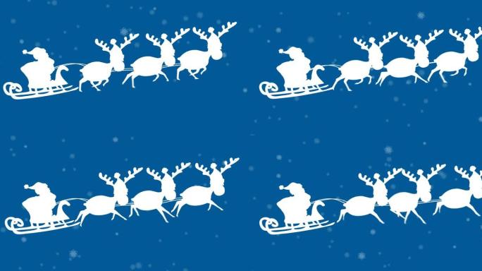 与驯鹿一起在雪橇上飘雪的圣诞老人的动画