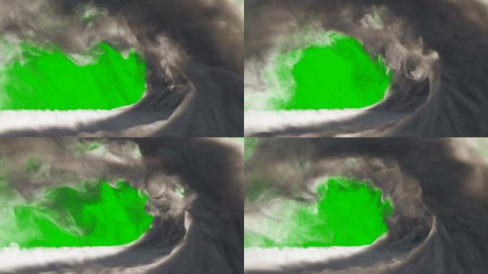 湍流最大的浓烟波。浓浓的浓烟。绿色屏幕背景上的烟雾。孤立绿屏背景上的动画。