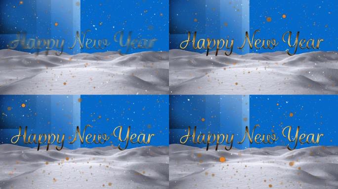 蓝色背景上的新年问候和金色圆点动画