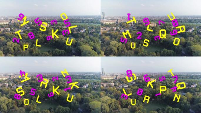 城市景观上数字和字母下降的动画