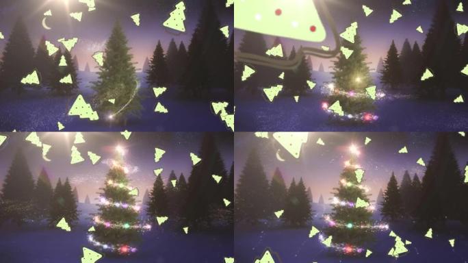 冬季背景上的圣诞树掉落在流星和树上的动画