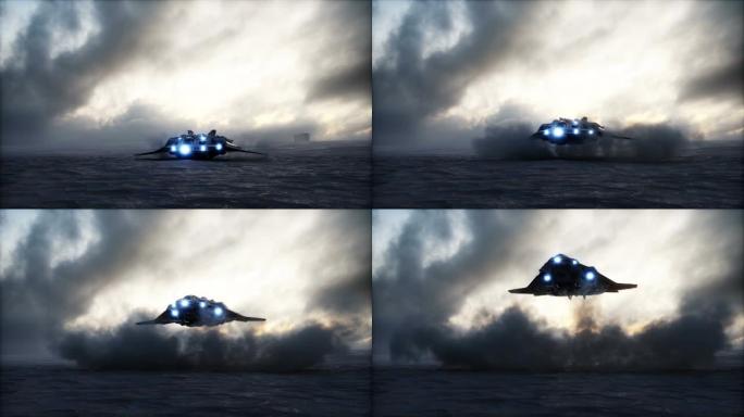 未来派船只降落在世界末日的沙漠中。逼真的4k动画。