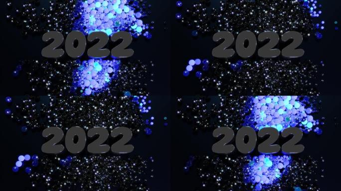 循环新年bg。数字2022和圣诞花环的球或球体散落在平面上，点亮蓝紫色，形成美丽的图案。带霓虹灯的4