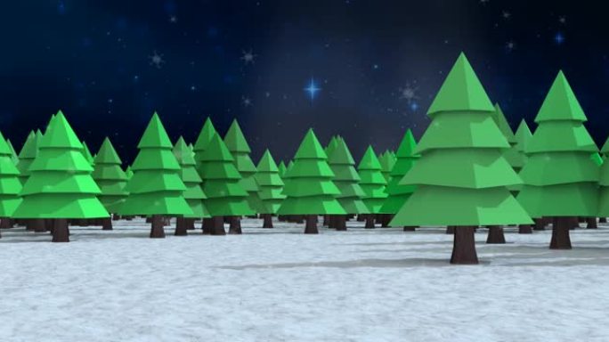 雪落在冬季景观上的多棵树上，与夜空中蓝色闪耀的星星