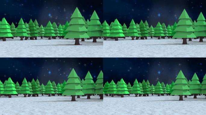 雪落在冬季景观上的多棵树上，与夜空中蓝色闪耀的星星