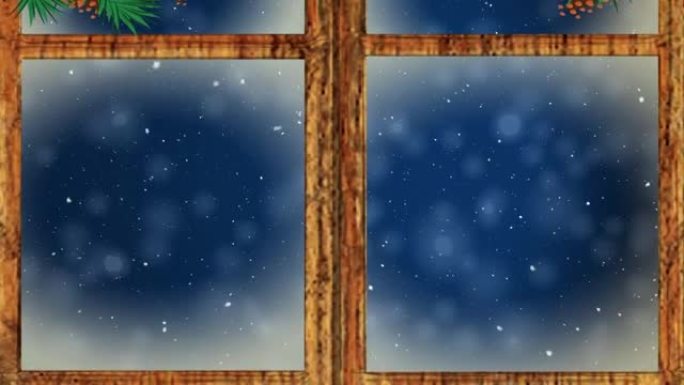 圣诞灯、装饰品和窗框，抵御蓝色背景上的雪