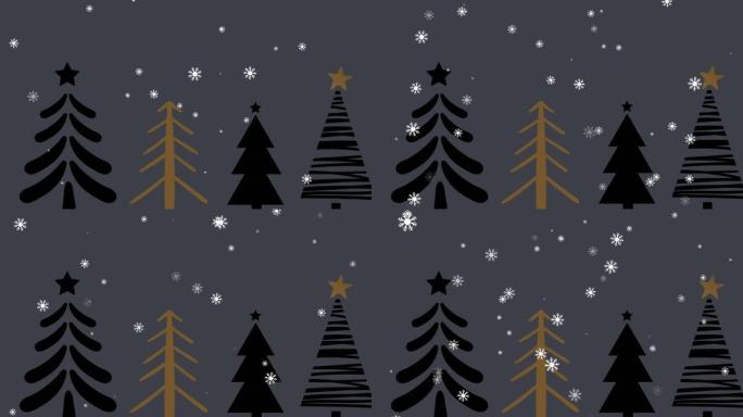 灰色背景上的降雪和圣诞树的动画