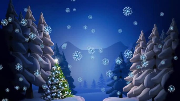 圣诞树上的积雪和冬季景观的动画
