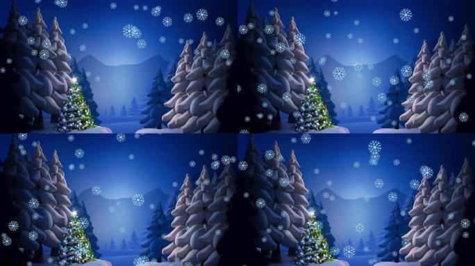 圣诞树上的积雪和冬季景观的动画