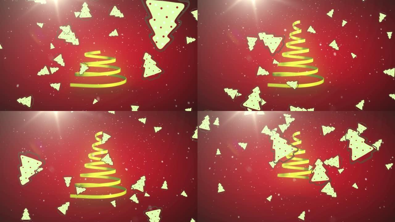 黄丝带和铃铛落下形成的圣诞树动画