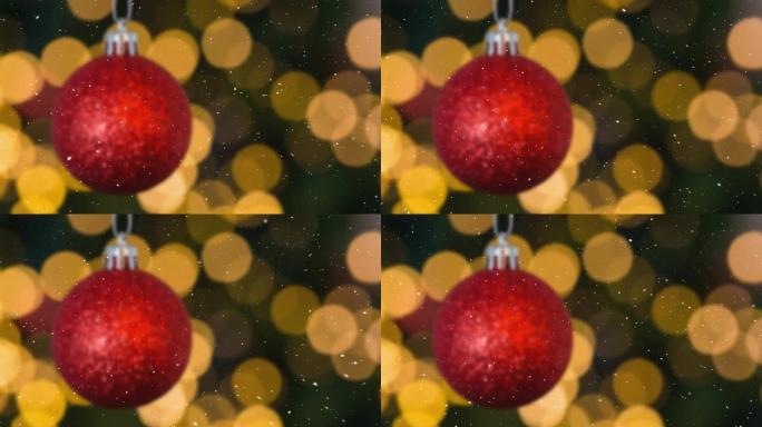 雪花落在红色圣诞节摆设和发光斑点装饰上的动画