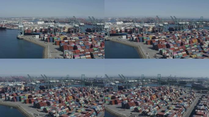 美国加利福尼亚州长滩-2021年10月20日: 准备装运的数千个商业集装箱的空中清扫镜头
