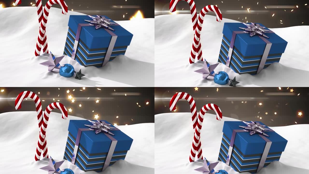 圣诞节糖果上飘着雪并出现在灰色背景上的动画