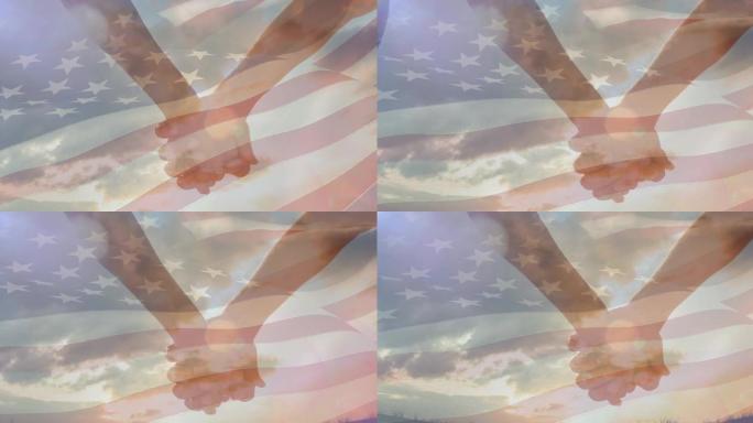 美国国旗动画的夫妇手牵手