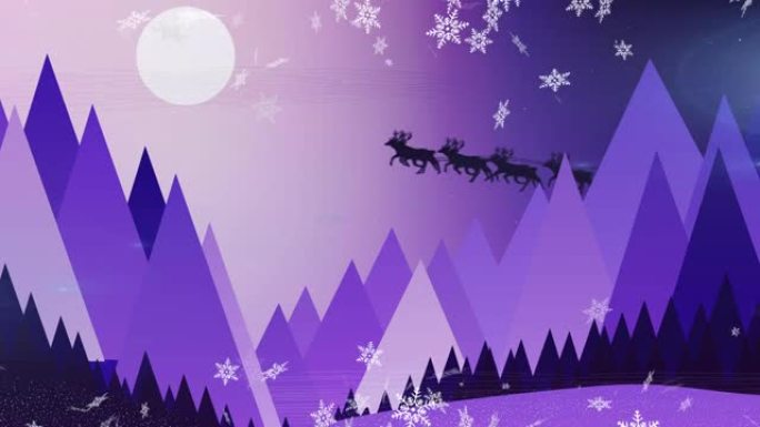 雪花漂浮在雪橇上的圣诞老人上，被驯鹿在夜空中拉动
