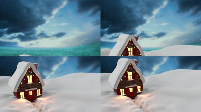 雪落在冬季景观上的房屋图标上，天空中的云层