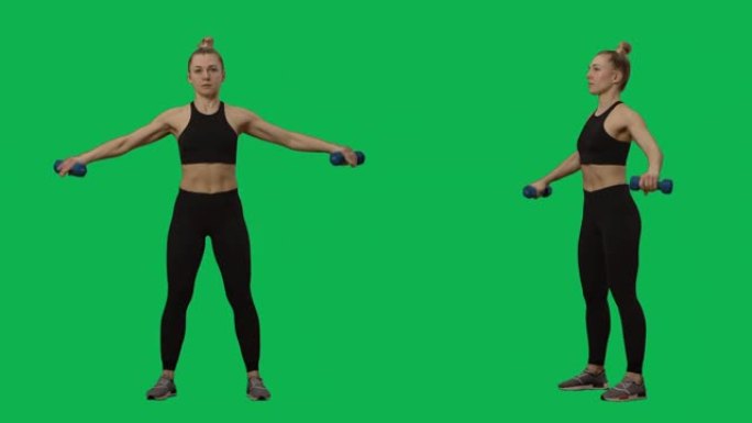 穿着运动服的年轻女子用哑铃锻炼。手部锻炼，女性健身。绿屏背景上的2合1拼贴正面和侧面视图全长。慢动作