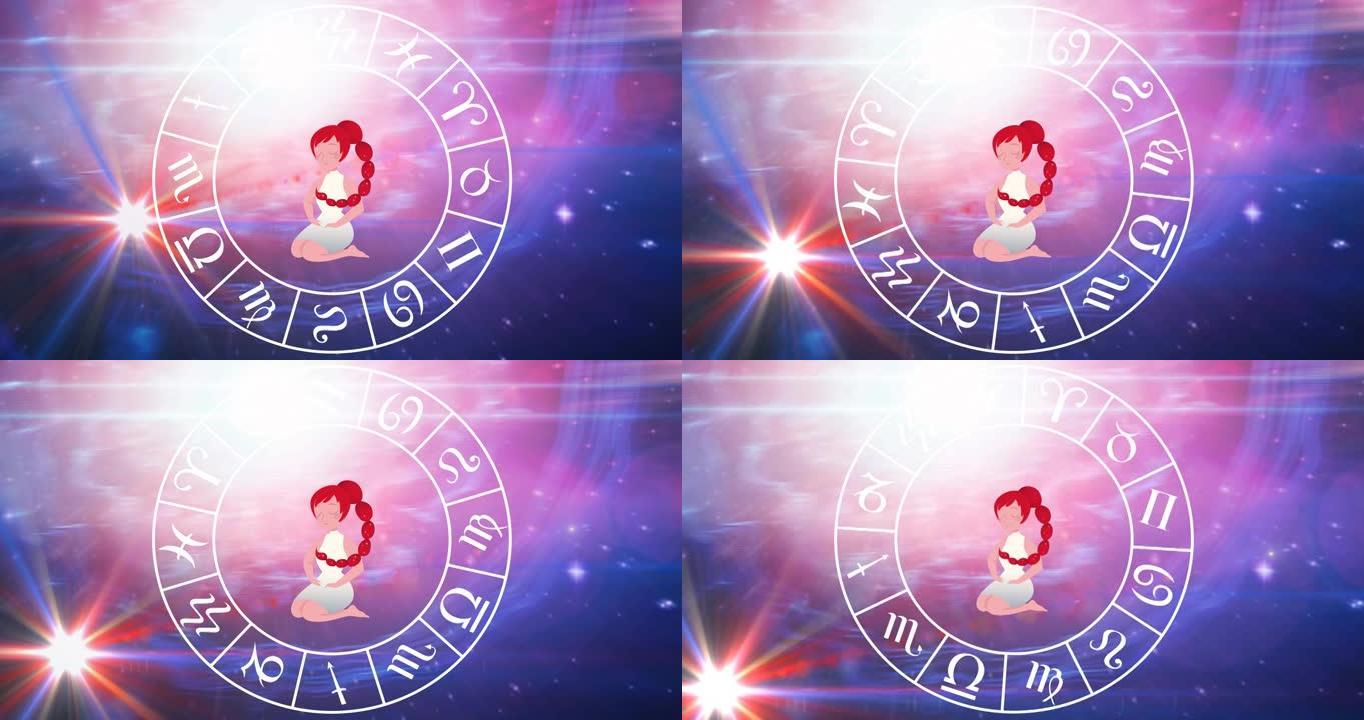 天蝎座星座的动画，星座轮在蓝色到紫色背景上旋转星星