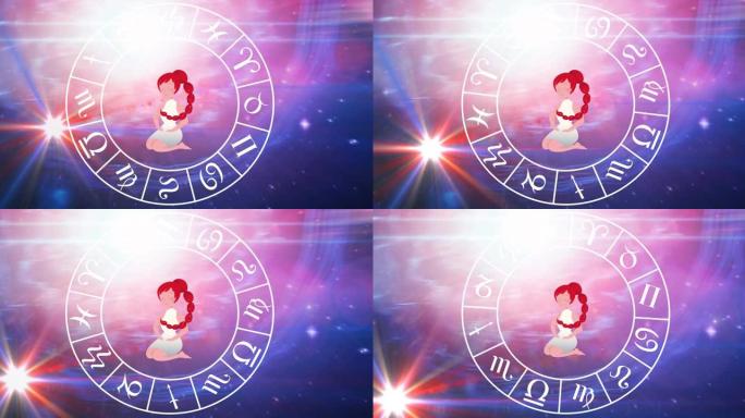 天蝎座星座的动画，星座轮在蓝色到紫色背景上旋转星星