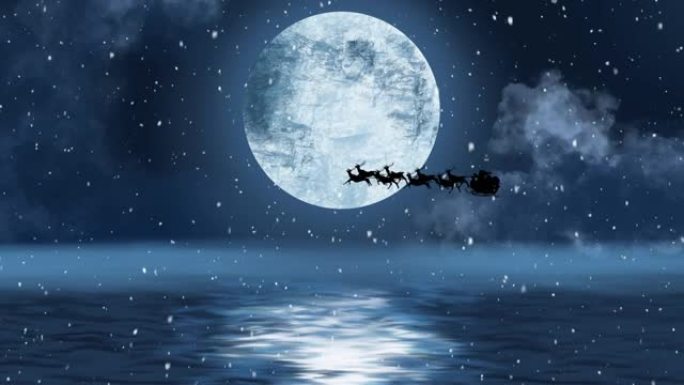 雪落在雪橇上的圣诞老人上，被驯鹿拉向夜空中的月亮