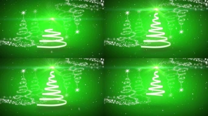 绿色背景上形成圣诞树的圣诞白色丝带动画