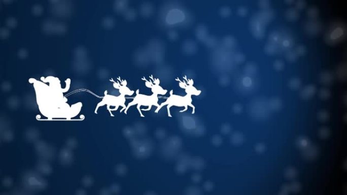 雪橇上的圣诞老人被驯鹿拉到蓝色背景上的白色斑点上