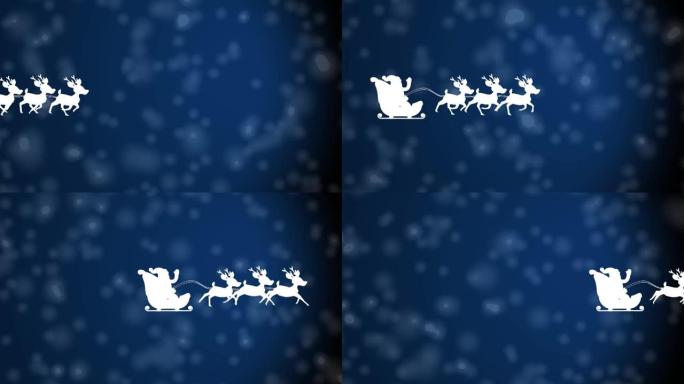 雪橇上的圣诞老人被驯鹿拉到蓝色背景上的白色斑点上