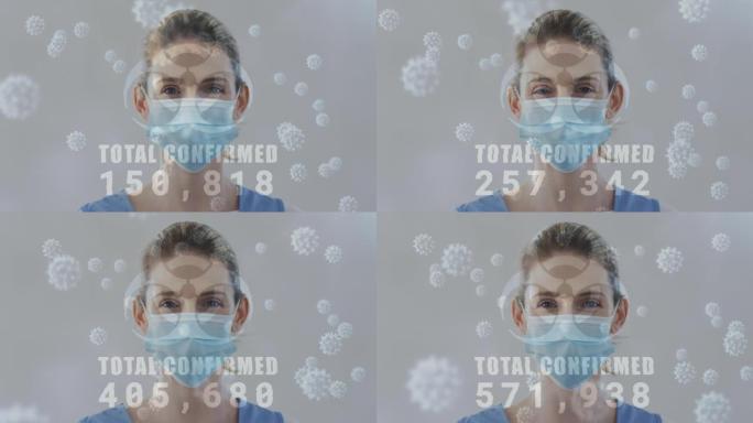 戴口罩的高加索妇女的covid 19病毒细胞和生物危害图标的动画